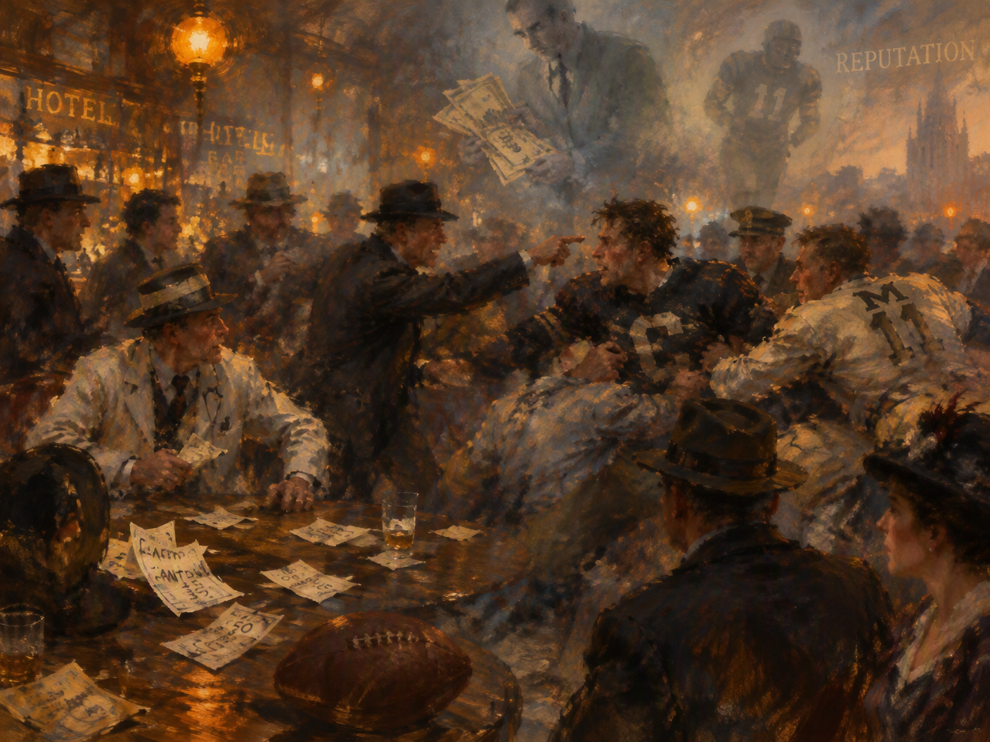 Impressionistic painting of a smoky hotel bar in 1906 showing blurred, tense figures of football players and a bettor in a brawl, with a hazy, dusk atmosphere and broken brushwork suggesting fleeting emotion and unresolved conflict over alleged game-fixing.