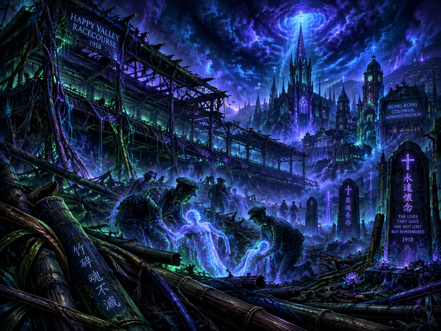 Gothic neon fantasy scene showing a collapsed bamboo stand transformed into a glowing haunted cathedral with spectral workers recovering luminescent bodies amid neon-lit ruins, symbolizing the 1918 Happy Valley Racecourse fire tragedy and its memorial legacy.