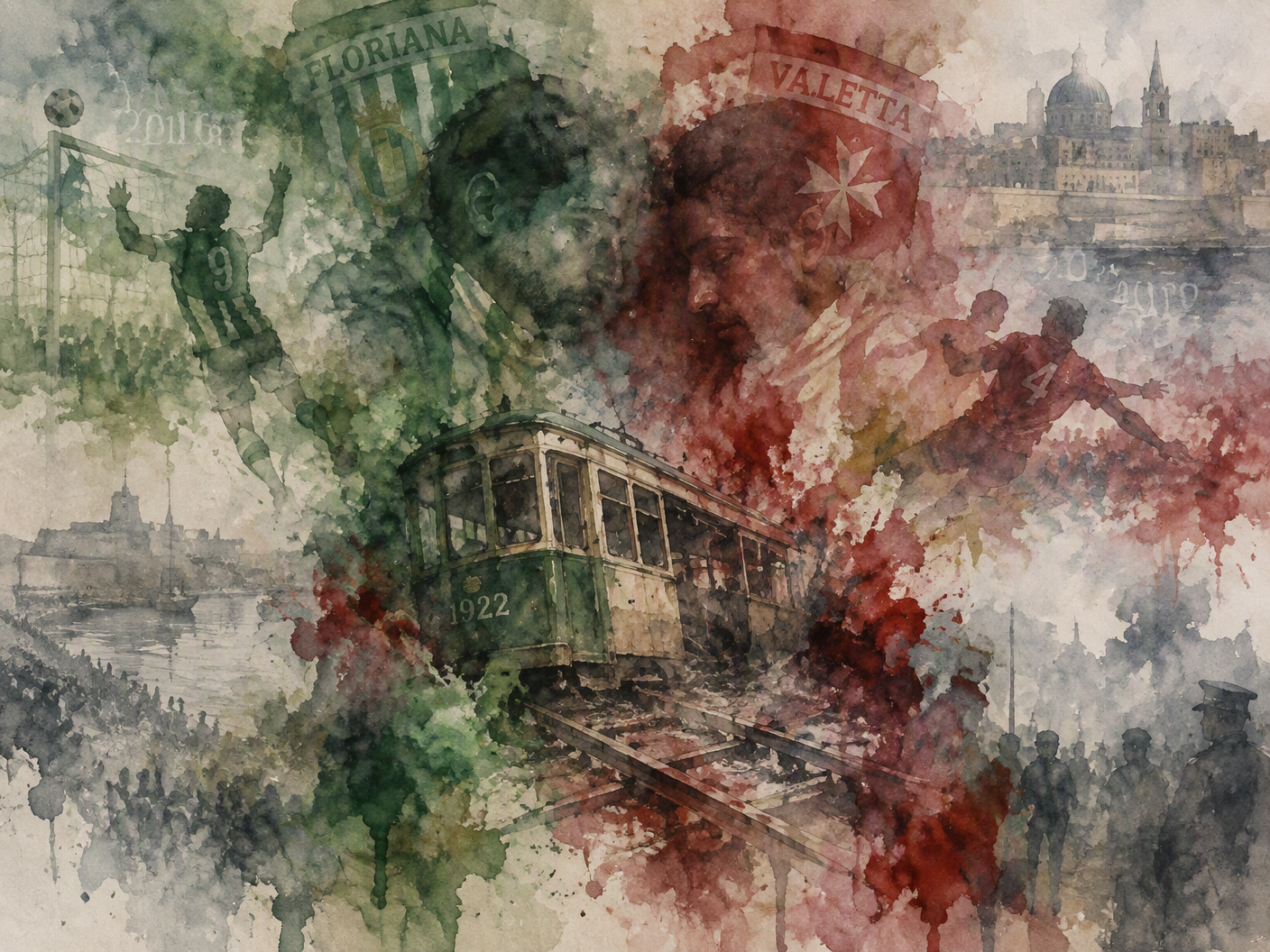 A watercolor expressionist scene showing a derailed tram with bleeding pigments and faint faces of football supporters, layered with ghostly figures of players in action, symbolizing the complex, fading memory and ongoing history of the Floriana–Valletta rivalry.
