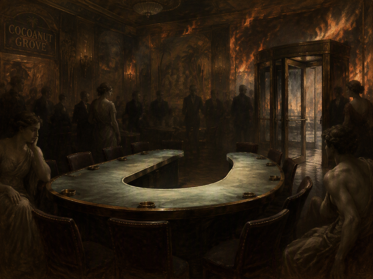 A somber, classical-style painting of an empty horseshoe table in a darkened nightclub interior with faint, ghostly flames creeping along the walls and an ajar revolving door, symbolizing absence, lost celebration, and impending tragedy.
