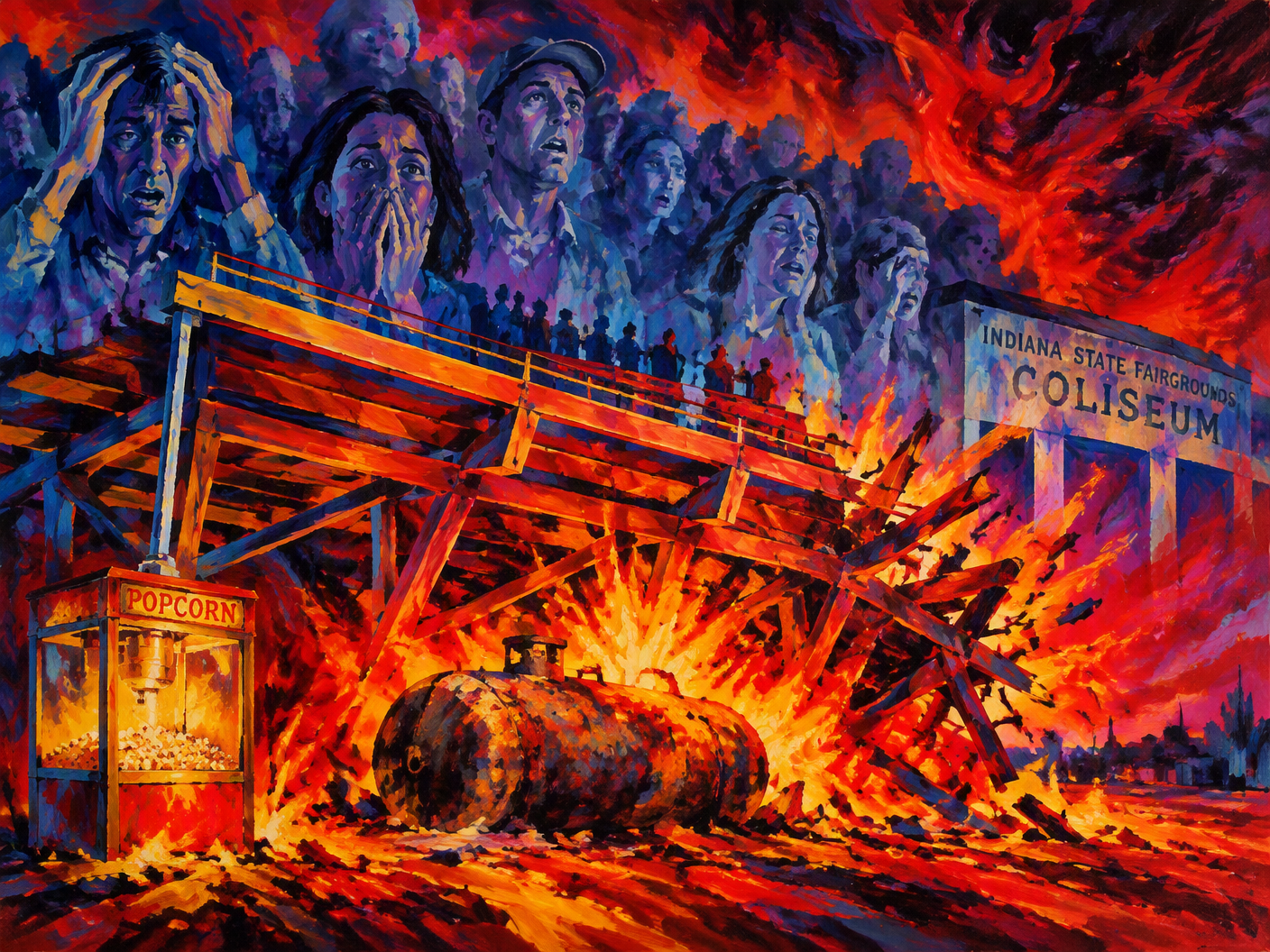 Fauvist painting of a fiery propane tank exploding beneath Coliseum bleachers in 1963, surrounded by shocked spectators and chaotic swirls of red, orange, and blue, symbolizing tragedy and emotional turmoil.
