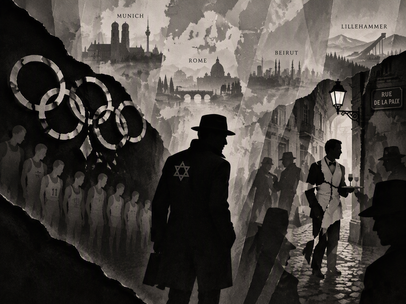 A black-and-white cut-paper silhouette image showing a melancholy agent figure between fading Olympic athlete shadows and a fragmented waiter figure on a European street, layered over a faint map and city skylines, capturing the secretive, tragic nature of Israel’s post-Munich retaliation campaign.