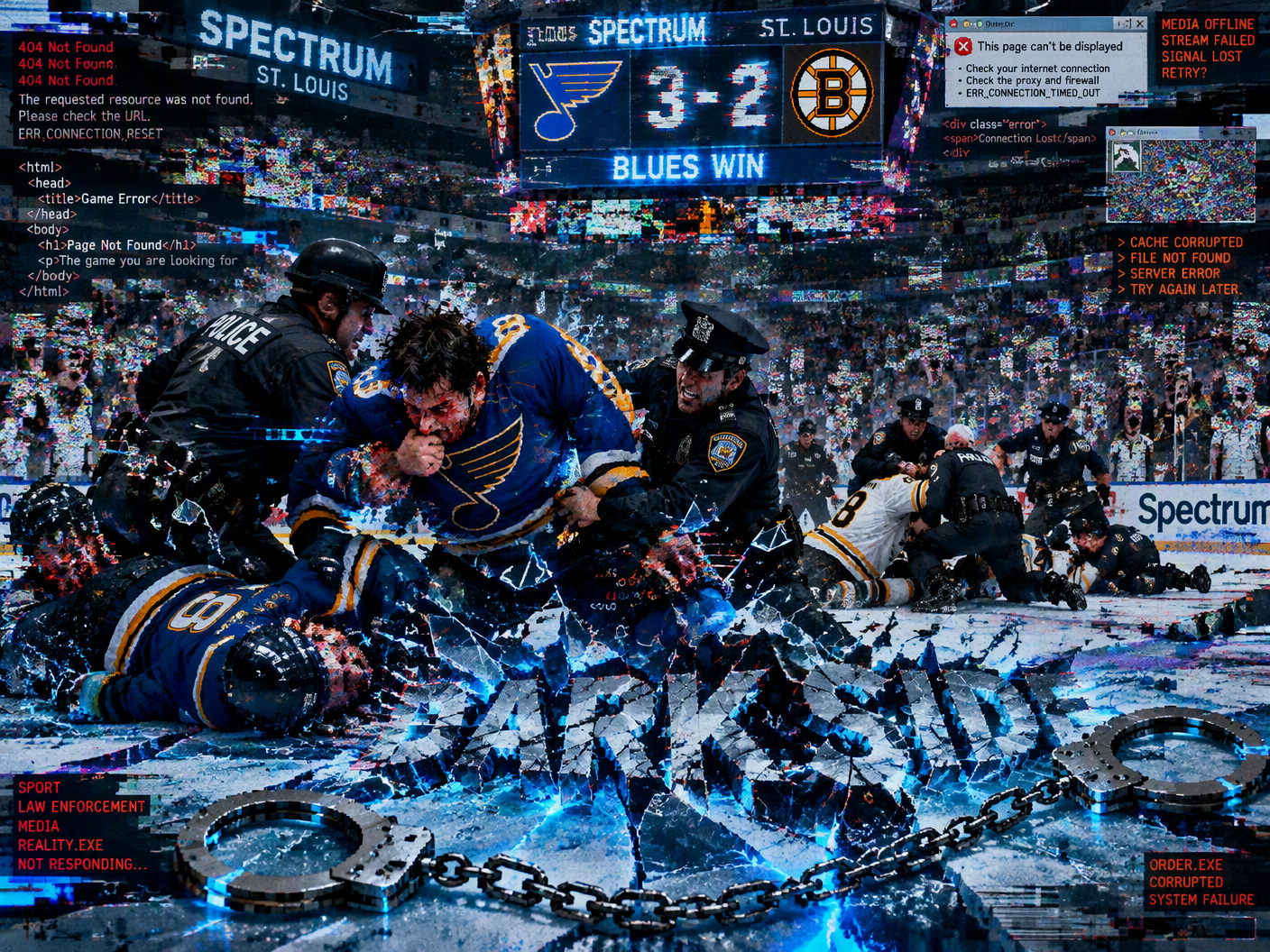 A glitching, corrupted digital artwork of a violent hockey brawl at the 1972 Spectrum arena showing fragmented players, police, and fans over a shattered ice rink with pixelated handcuffs and a flickering distorted scoreboard reading 3–2 amidst a blue-gray chaotic noise background.