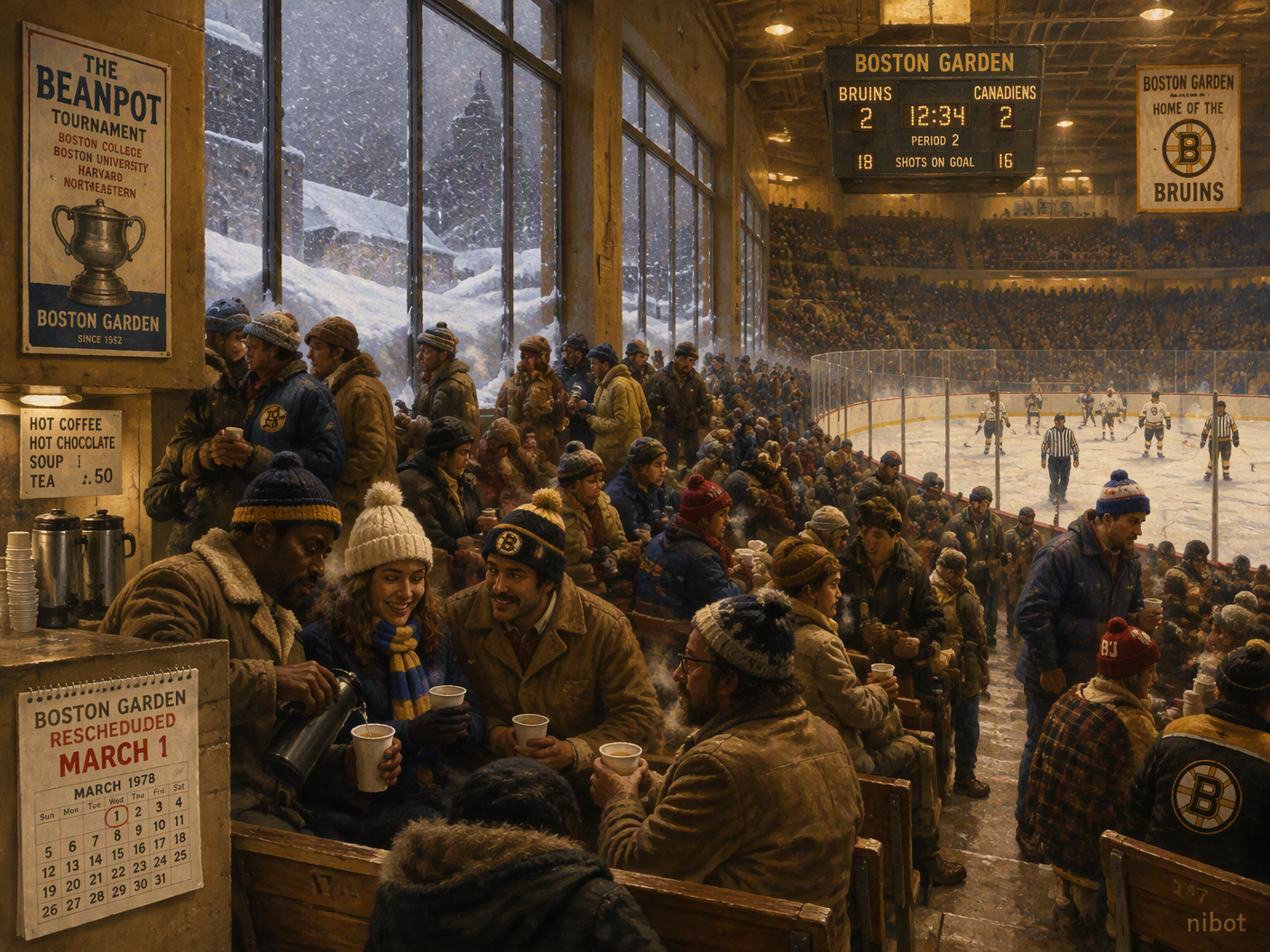 Crowd of 1970s hockey fans bundled in winter coats sitting and standing inside Boston Garden arena during heavy snowstorm; players idle on ice rink; snow piles visible outside large windows; warm arena lights contrasting with cold outside.