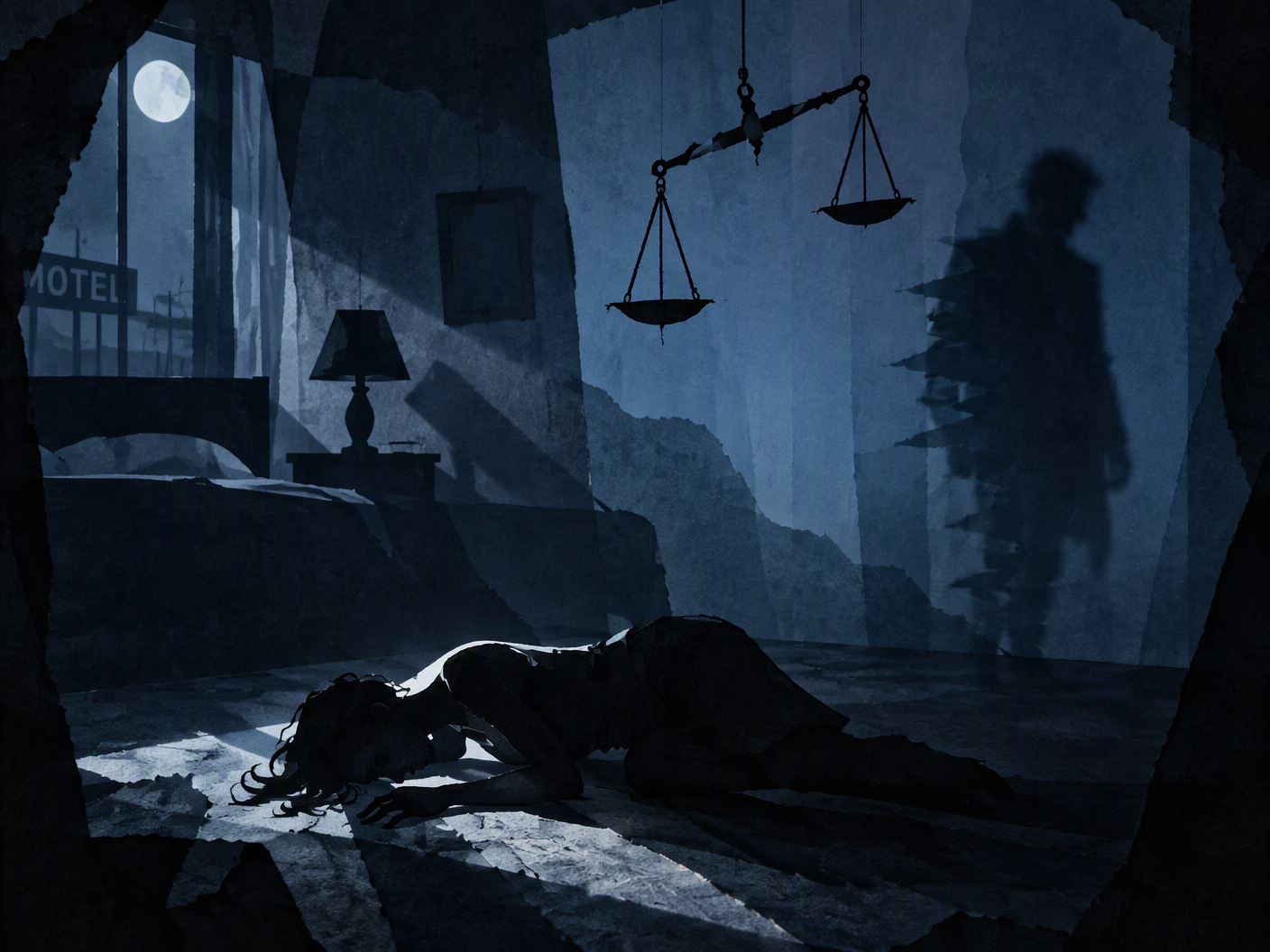 Layered black silhouette cut-paper scene showing a collapsed woman figure in a minimalist motel room with a blurred male silhouette fading into shadows, unbalanced scales hanging overhead, all evoking a haunting fairy-tale memory of loss and unresolved justice.