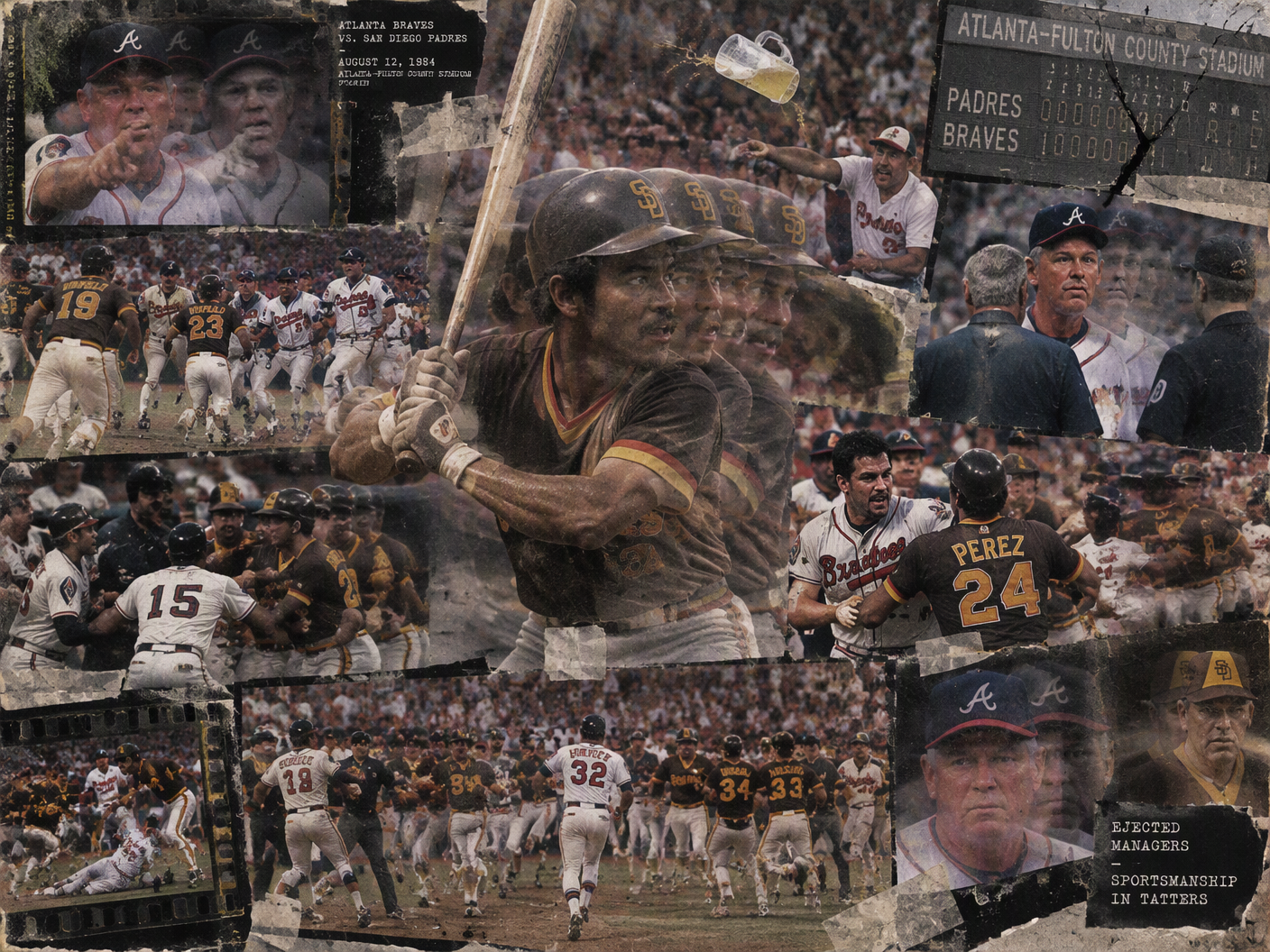 Photo collage of the 1984 Braves versus Padres baseball brawl showing repeated images of players confronting each other, a pitcher stepping forward with bat raised, fans throwing beer mugs, and managers ejected amid a chaotic stadium scene.