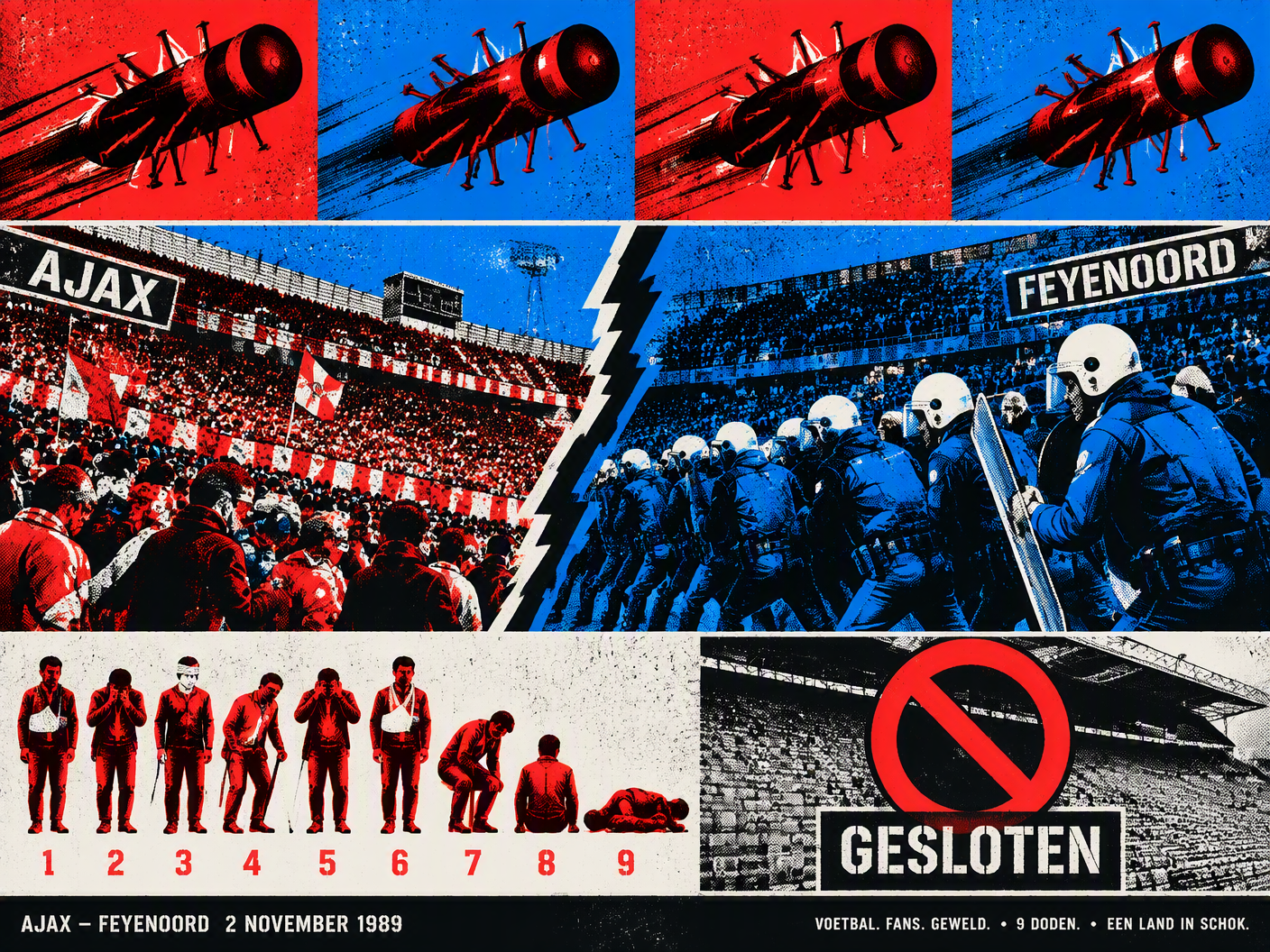 Pop art style image showing repeated panels of a nail bomb flying over a divided football stadium, riot police forming a barricade, injured spectators depicted as red silhouettes, and empty stands with a red closed-door symbol, all rendered in vivid reds, blues, blacks, and whites with screen-print textures.