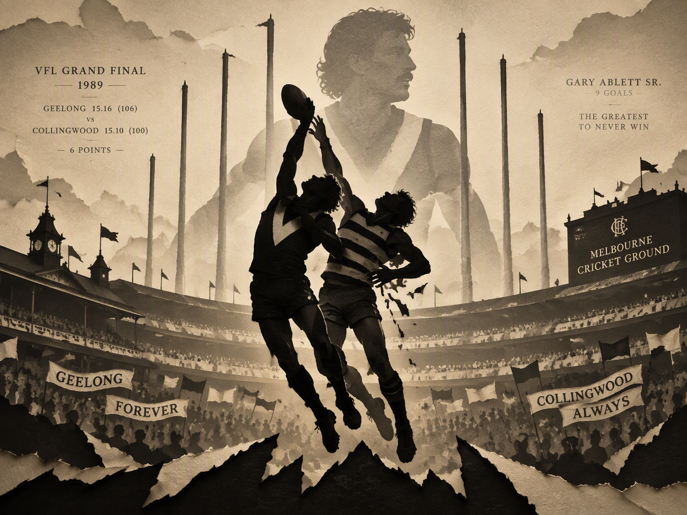 Black and white layered cut-paper silhouettes of two Australian football players in mid-air contest, one clutching his side in pain. In the background, a large shadowy figure of a player stands surrounded by nine stylized goal posts. Paper layers form the Melbourne Cricket Ground stands with banners and crowd shadows, evoking a surreal shadow theatre scene of the 1989 Grand Final’s injury and intensity.