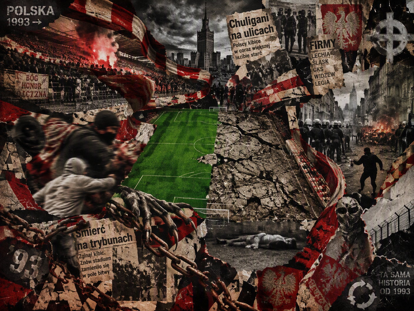 A fractured football pitch dissolves into chaotic streets with swirling scarves, abstract fighting figures, and fragmented political symbols under a dark sky, symbolizing the violent, organized hooligan culture surrounding Polish football from 1993 to 2015.