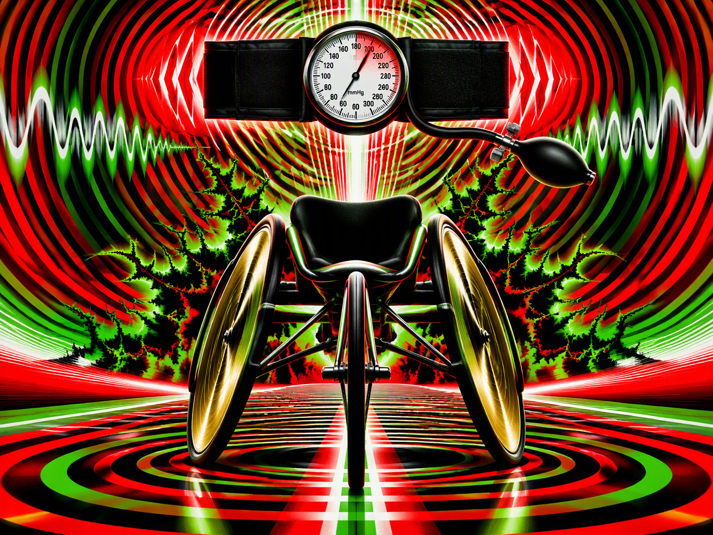 Abstract image showing a luminous racing wheelchair surrounded by radiating blood-pressure waves and a glowing cuff, rendered in vivid reds and greens with vibrating geometries symbolizing the hidden physiological risks of boosting in Paralympic sport.