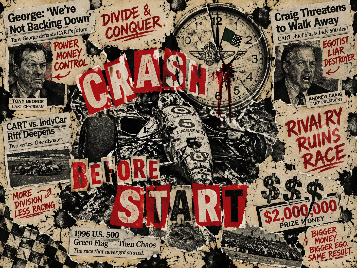 A torn photocopy collage of a crashed IndyCar, ransom letter text reading 'CRASH BEFORE START,' fragmented images of race officials, shattered clock face, and scribbled slogans exposing the 1996 U.S. 500 race fiasco.