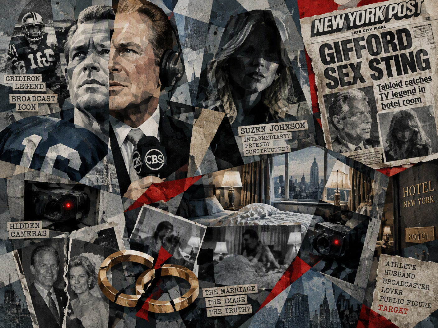 Cubist-style fractured collage showing Frank Gifford from multiple angles, a shadowy figure of Suzen Johnson, hidden cameras, and tabloid headlines, layered together to depict the conflicted perspectives and constructed nature of a 1997 hotel-room sting.