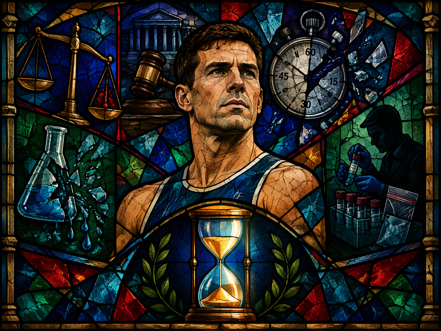 Stained-glass style image of athlete Paul Edwards in solemn pose, surrounded by symbolic panels including a tilted scale of justice, broken lab flask, shadowy sample handler, and an hourglass, all rendered in jewel tones with lead lines, conveying struggle and resilience against a doping ban.