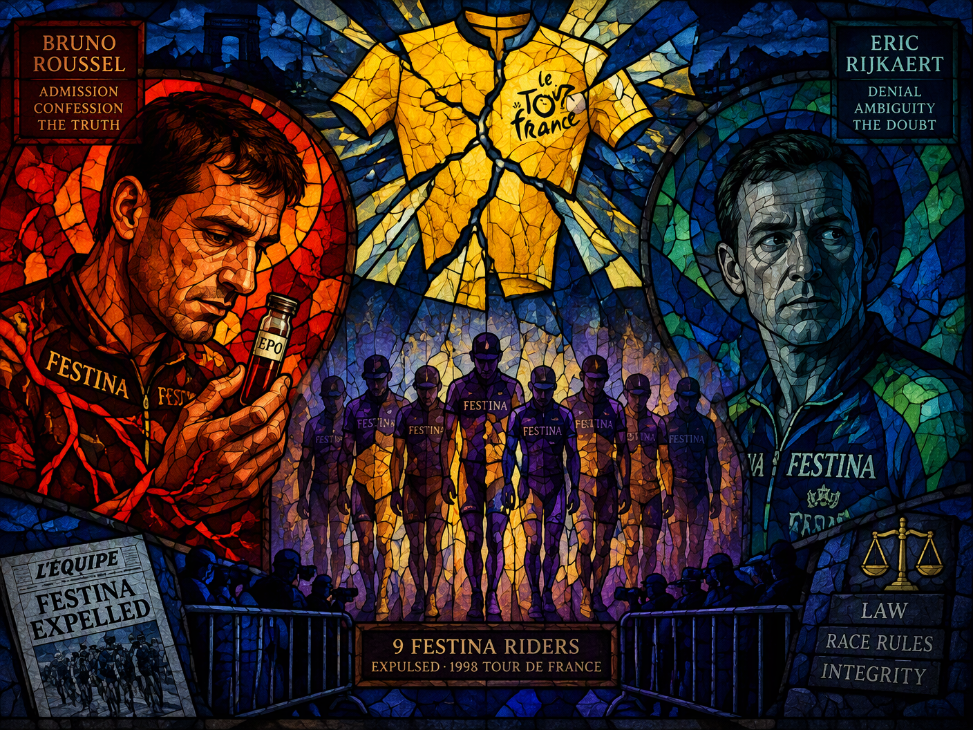 Stained-glass style image showing two central figures representing Bruno Roussel confessing with vibrant reds and Eric Rijkaert denying with cooler blues, surrounded by ghostly Festina riders in purple and amber, under a cracked yellow jersey symbolizing the Tour de France, all set against a dark night background with lead lines forming veins and barriers.