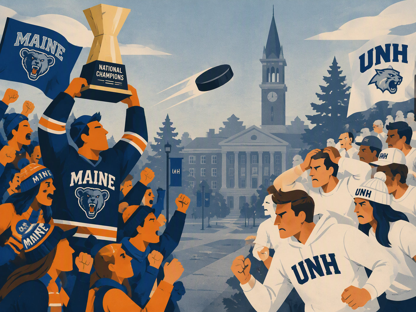 A white hockey sweater hangs over a damaged railing beside a fallen blue-and-white pennant, while an empty ice surface fades into a dark campus street.