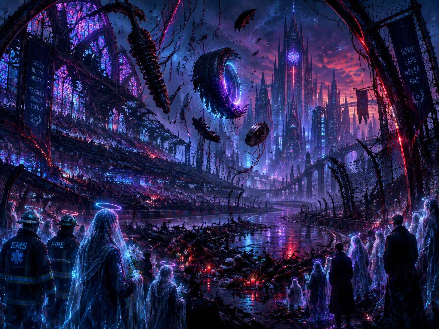 A dark neon gothic fantasy scene showing ruined grandstands of a speedway transformed into a ghostly cathedral, with neon-lit debris floating like relics, spectral emergency workers and mournful spectators beneath twisted metal arches, all bathed in cold blues and purples with blood-red accents, evoking a sacred and mournful atmosphere after a fatal crash.
