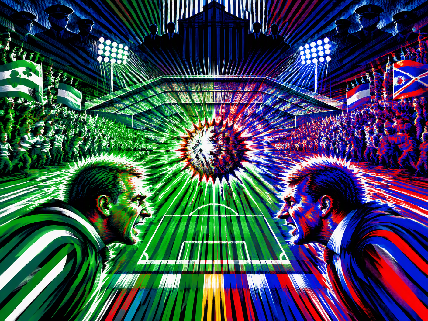 A chromatic Op Art digital illustration of a vibrating geometric stadium field in green, blue, and red hues with a sharp luminous sphere symbolizing a thrown missile at center; two abstracted, intensely colored figures face off along a rhythmic boundary line representing the touchline; radiant lines and concentrated symmetry convey overwhelming pressure and emotional escalation in the Old Firm football rivalry.