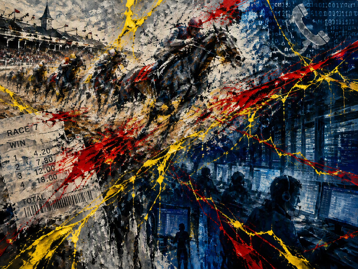 Abstract image showing aggressive brushstrokes and poured paint layers in deep blues and grays, with sharp streaks of yellow and red cutting through fragmented horse forms, symbolizing the covert alteration of a winning betting ticket amid the 2002 Breeders’ Cup.