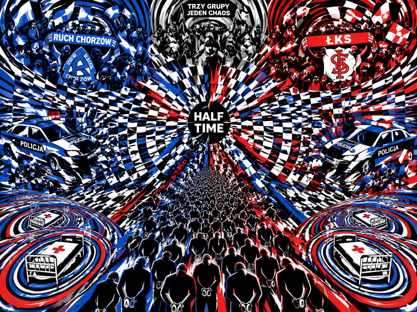 Op Art style digital illustration showing a fractured warped grid and concentric ripples representing the halftime riot at Ruch Chorzów vs. ŁKS in 2004, with abstract symbols of damaged police cars, hospitalized officers, injured fans from three clubs, and clusters of captured hooligans, using black, white, blue, and red colors to convey chaos and instability.