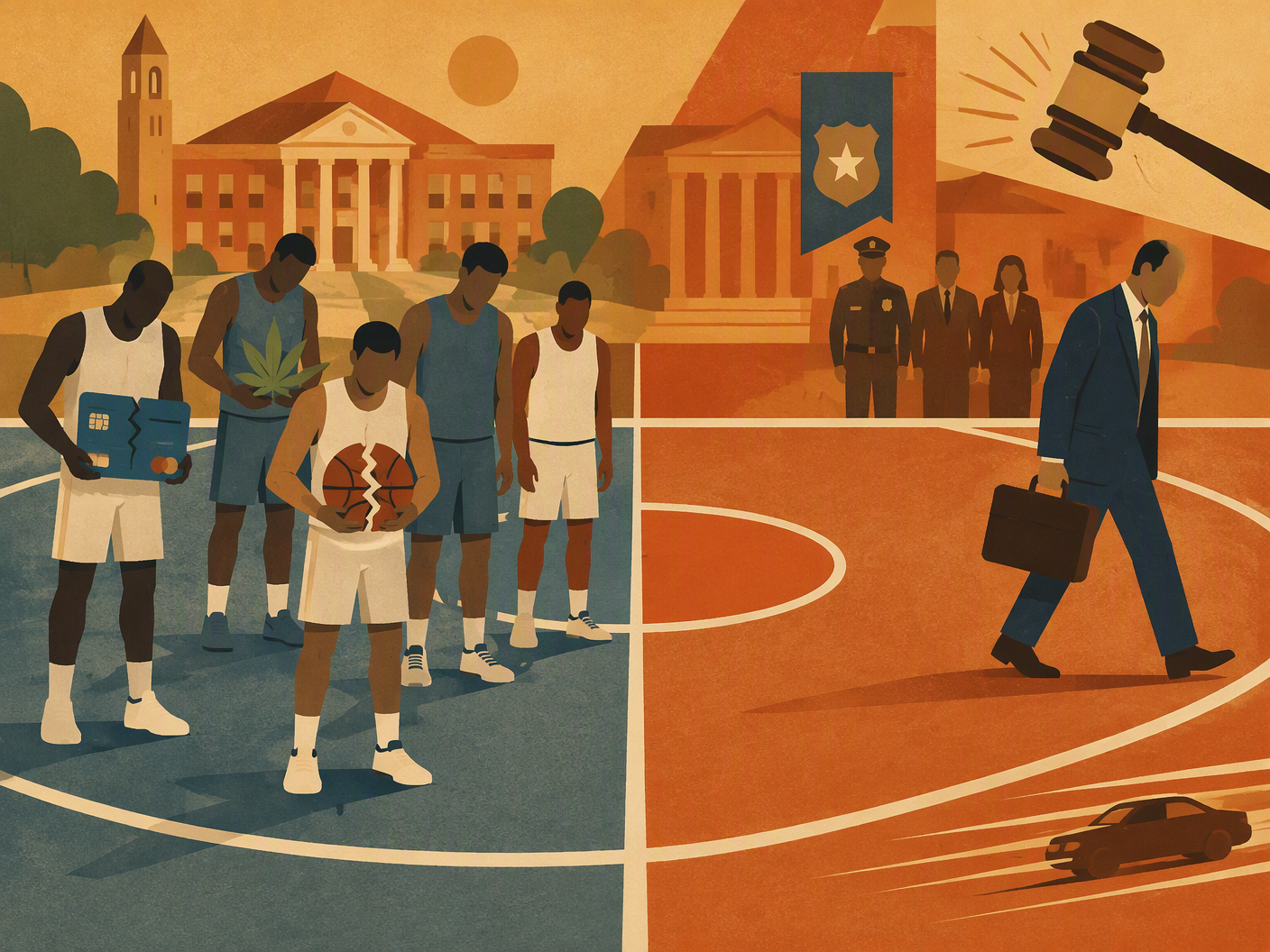 Mid-century modern illustration of a divided basketball court with stylized players associated with debit card theft and drug charges on one side, and abstract university officials on the other, set against warm geometric campus and police symbols representing scandal and oversight in 2009.