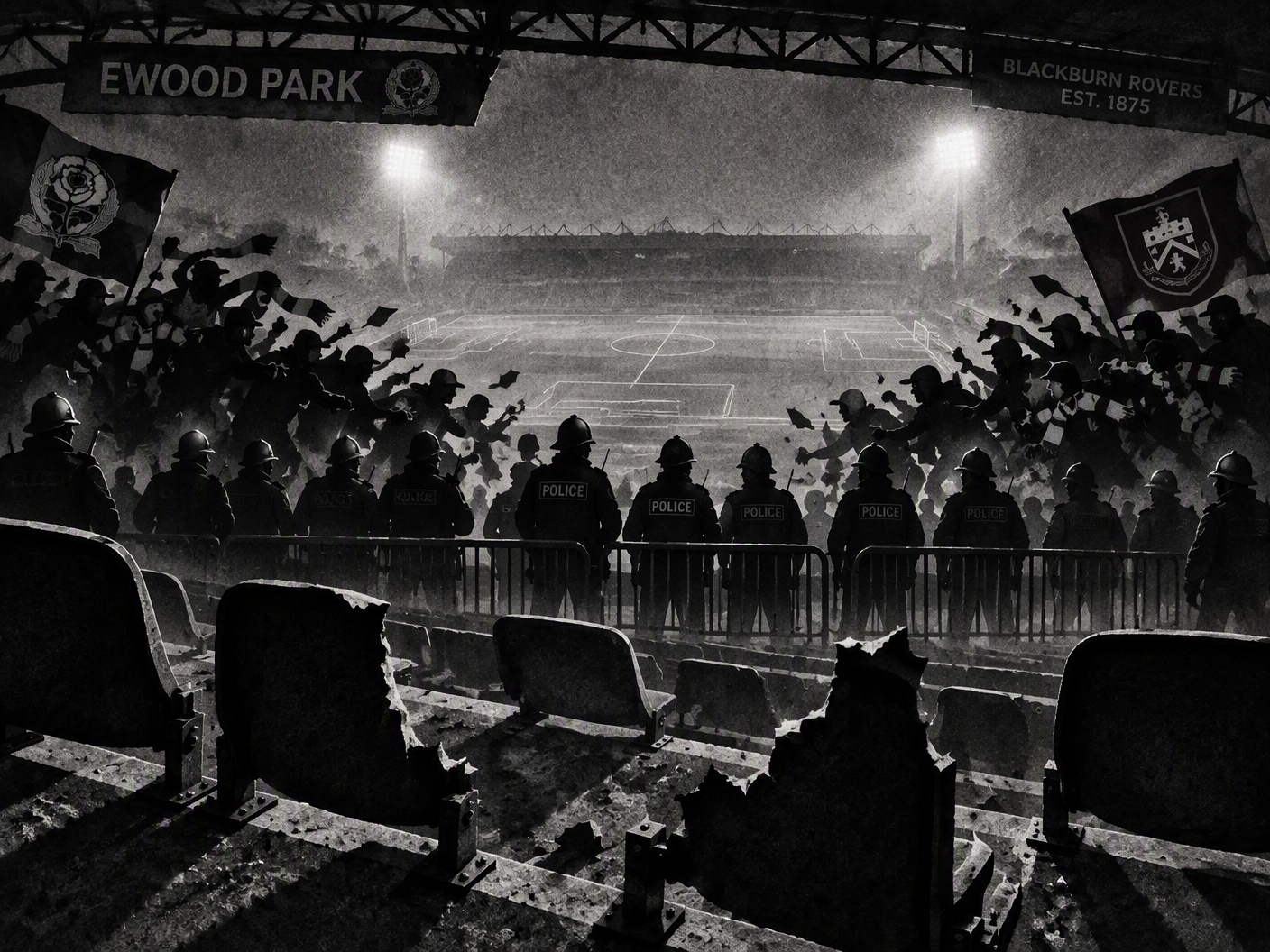 Silhouette cut-paper art showing torn football stadium seats in foreground, opposing crowds of fans as fragmented shadows, police lines between them, and the empty floodlit pitch in background, symbolizing violent disorder after the East Lancashire derby in 2009.