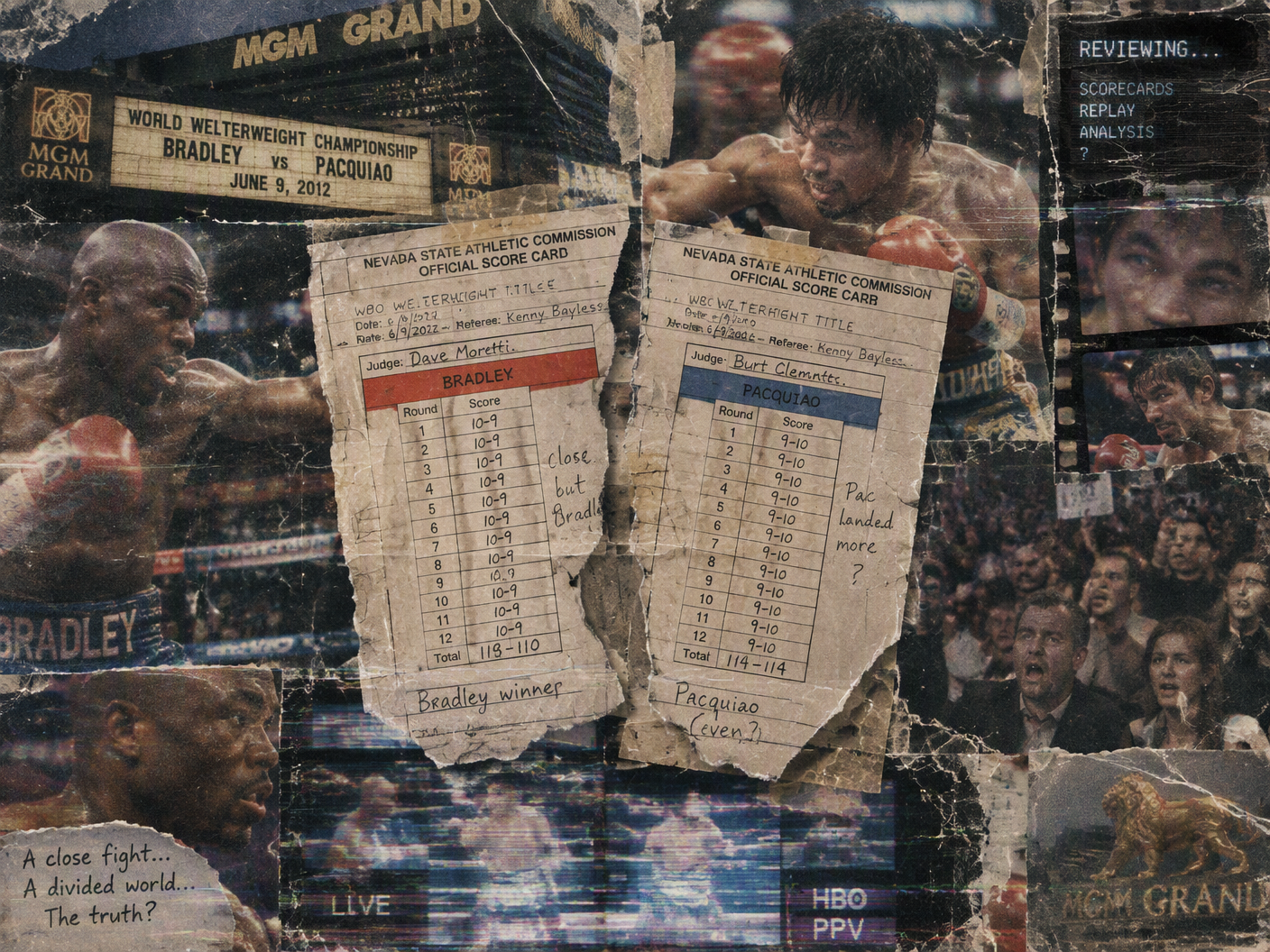 A layered collage of torn, grainy boxing scorecards showing split decisions overlaid with damaged film images of Timothy Bradley and Manny Pacquiao fighting, a blurred MGM Grand marquee, and a booing crowd, expressing the disputed and fragmented nature of the fight's official result.
