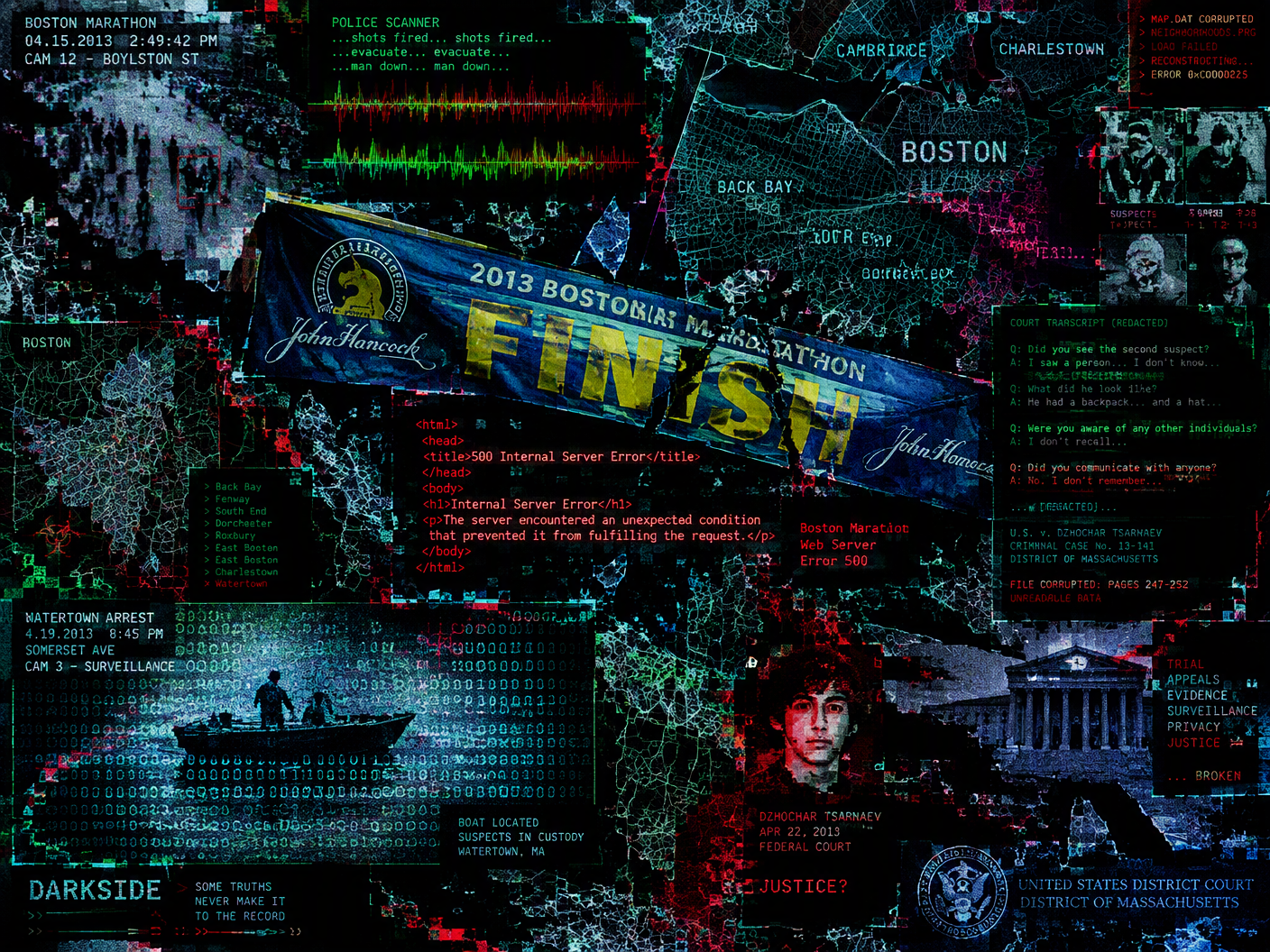 Dark glitch art showing a shattered Boston Marathon finish line banner overlaid with corrupted maps, police scanner waves, and flickering court documents, symbolizing the chaotic sequence and legal fallout of the 2013 bombing and manhunt.