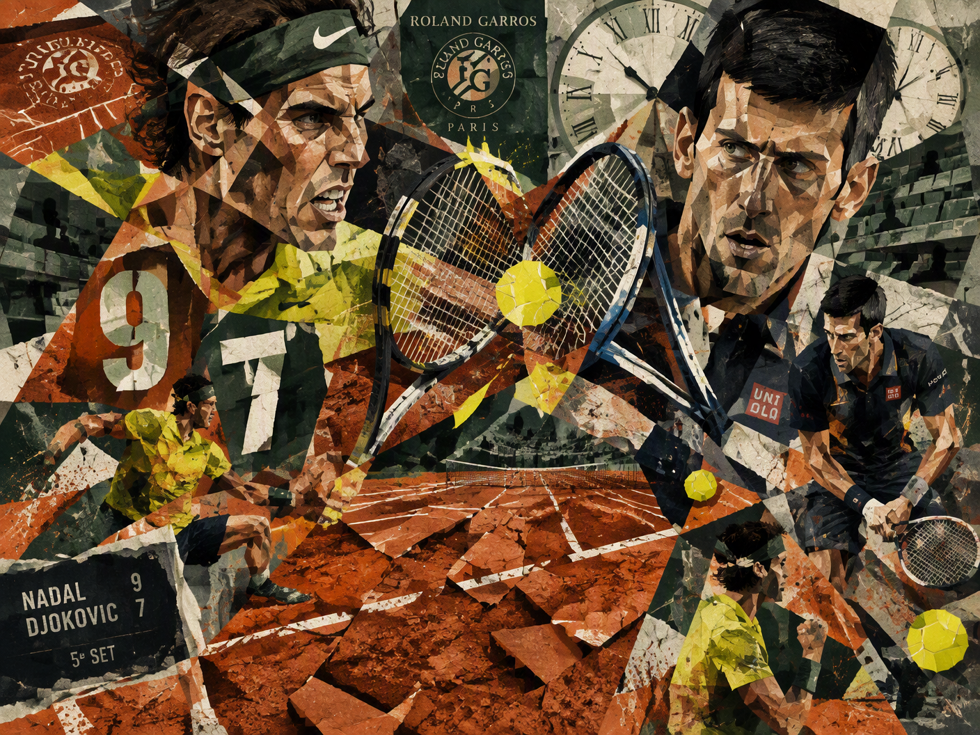 Cubist digital collage of Rafael Nadal and Novak Djokovic on a fragmented clay court at Roland Garros, showing multiple perspectives with abstracted shapes, fractured faces, tennis rackets in motion, and symbolic clock faces reflecting the intense, prolonged match decided 9-7 in the fifth set.