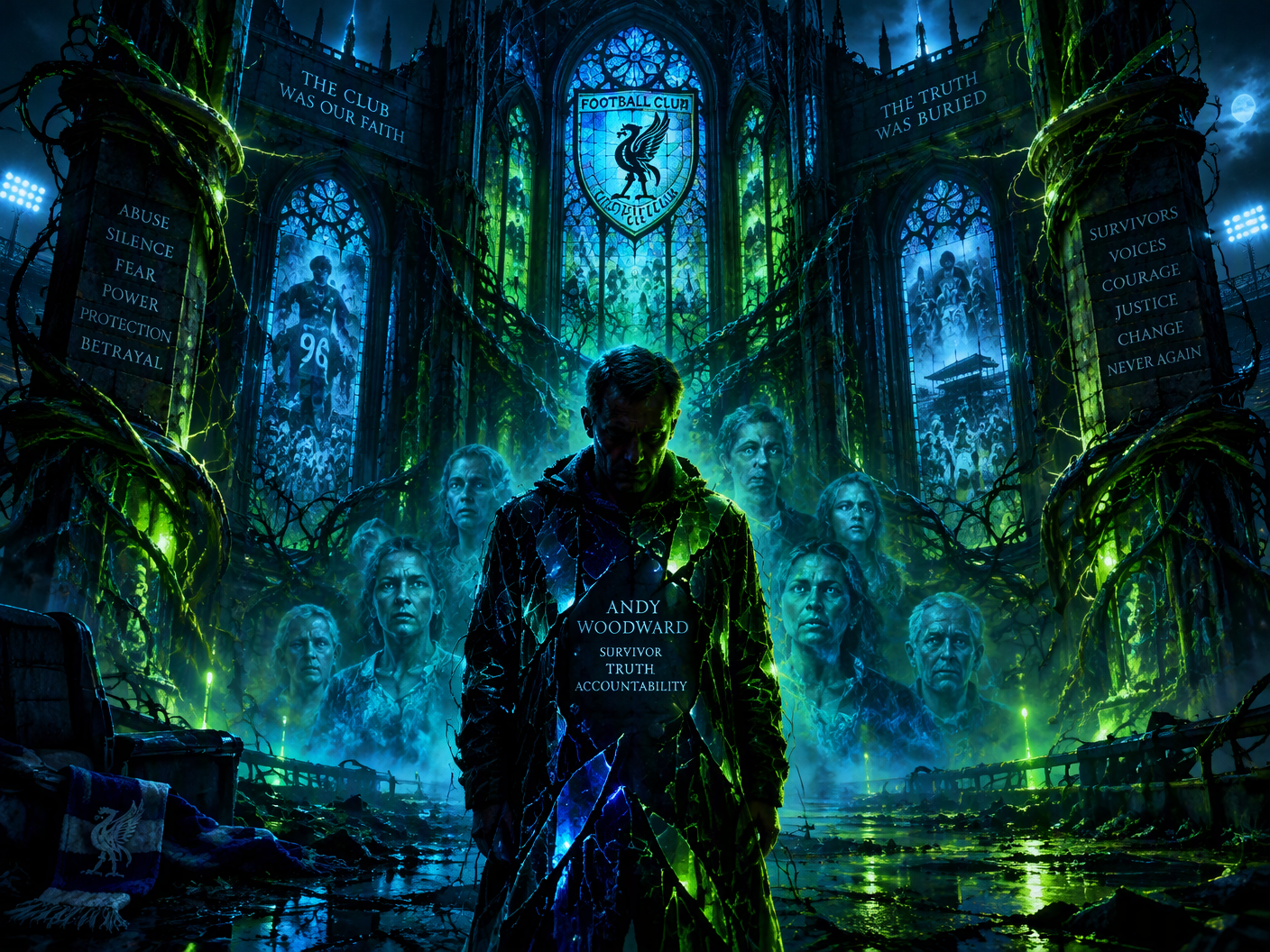 A dark gothic cathedral fused with neon and organic cables, showing a solitary ghostly figure representing Andy Woodward amid spectral faces and haunting architectural details symbolizing football’s abuse scandal and institutional reckoning.