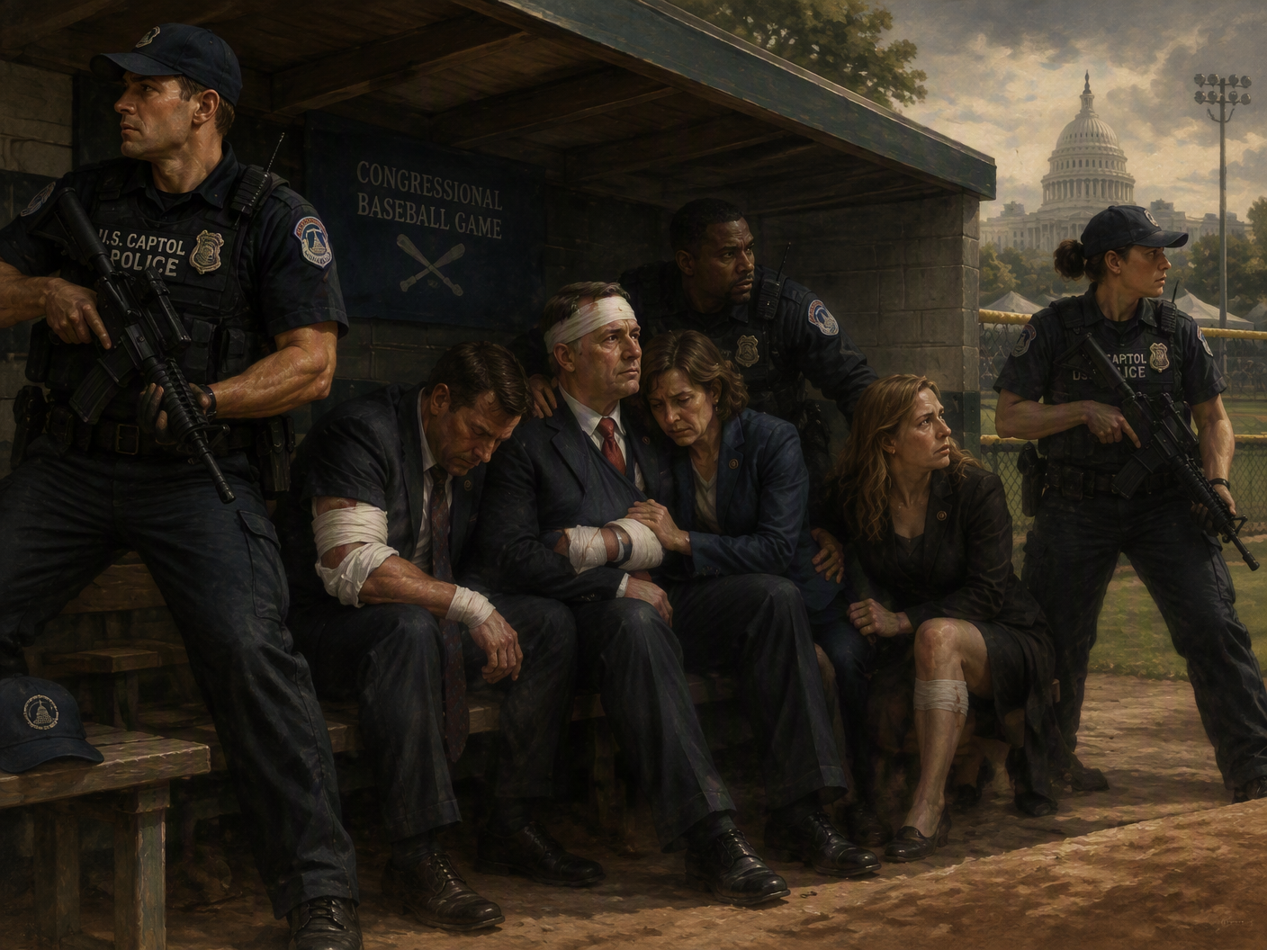 Neoclassical style painting showing lawmakers and Capitol Police officers clustered in a protective formation inside a baseball dugout, some wounded, two officers alert and engaged outward, with muted colors and classical lighting conveying solemnity and civic sacrifice.