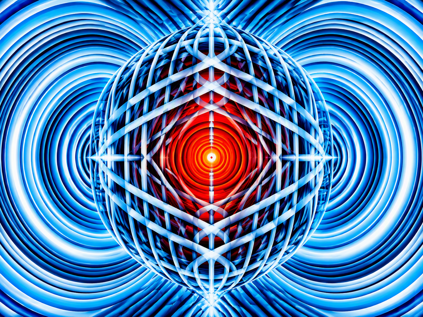 A vivid chromatic op art image with concentric icy blue and white circles forming a cage of luminous geometry trapping a glowing red-orange core symbolizing doping obstruction and conflict in international biathlon governance.