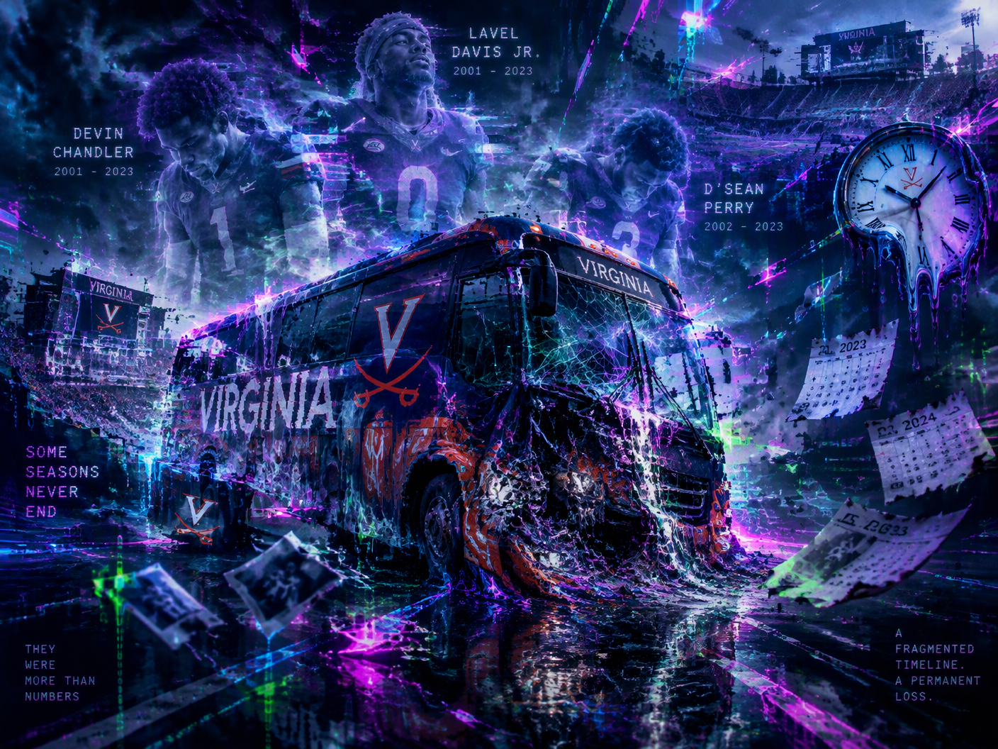 A distorted, melting Virginia football bus surrounded by ghostly outlines of three players, with neon data glitches and a warped clock face symbolizing fractured time and memory after the 2022 shooting tragedy.