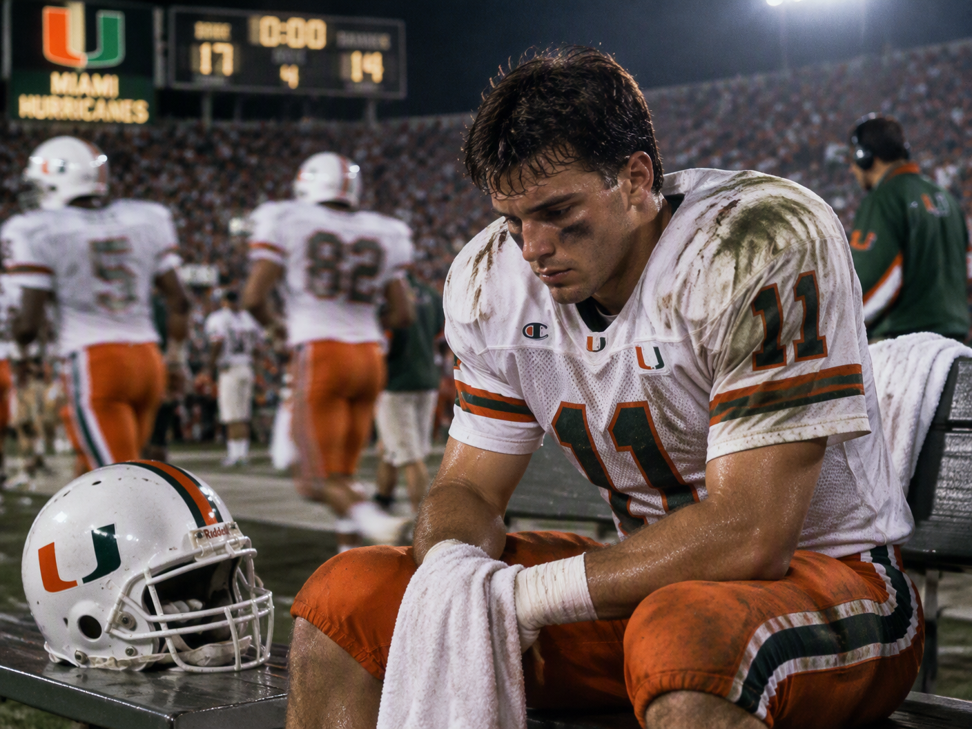 University of Miami football player in 1990s uniform sits on bench under stadium lights, looking down with a weary expression amid a blurred background of teammates in motion, illustrating the emotional toll of NCAA sanctions.