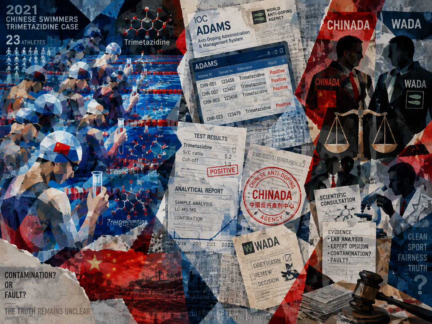 Cubist collage showing fragmented Chinese swimmers, scientific symbols, anti-doping agency figures, and legal icons overlapping to symbolize the complex dispute over trimetazidine positives and administrative decisions.