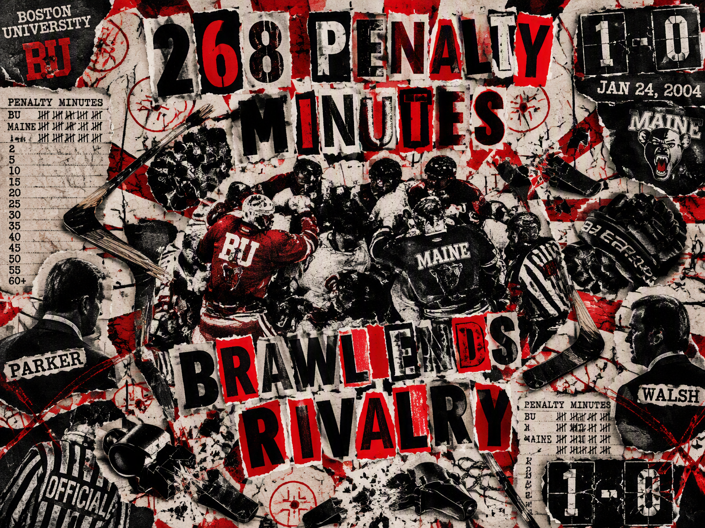 A textured gouache illustration of an empty hockey rink after a game, with scattered equipment, penalty sheets, a distant scoreboard showing 1–0, and the number 268 faintly reflected on the ice.