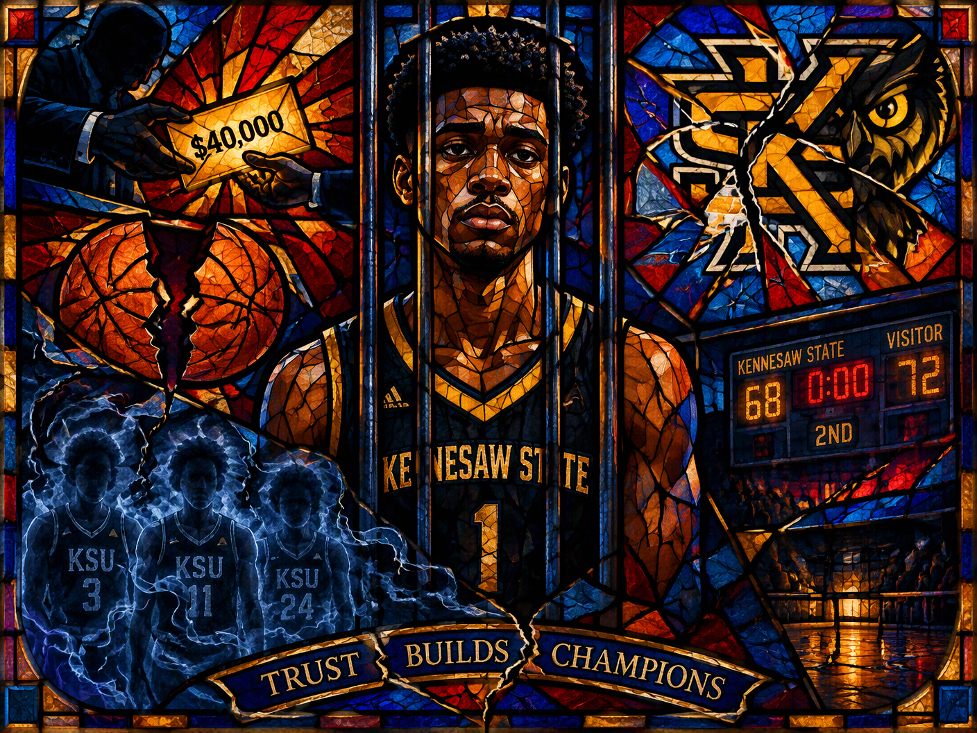 Stained-glass artwork showing Simeon Cottle surrounded by symbolic lead lines and jewel-toned glass fragments representing bribery, underperformance, and legal indictment in college basketball.