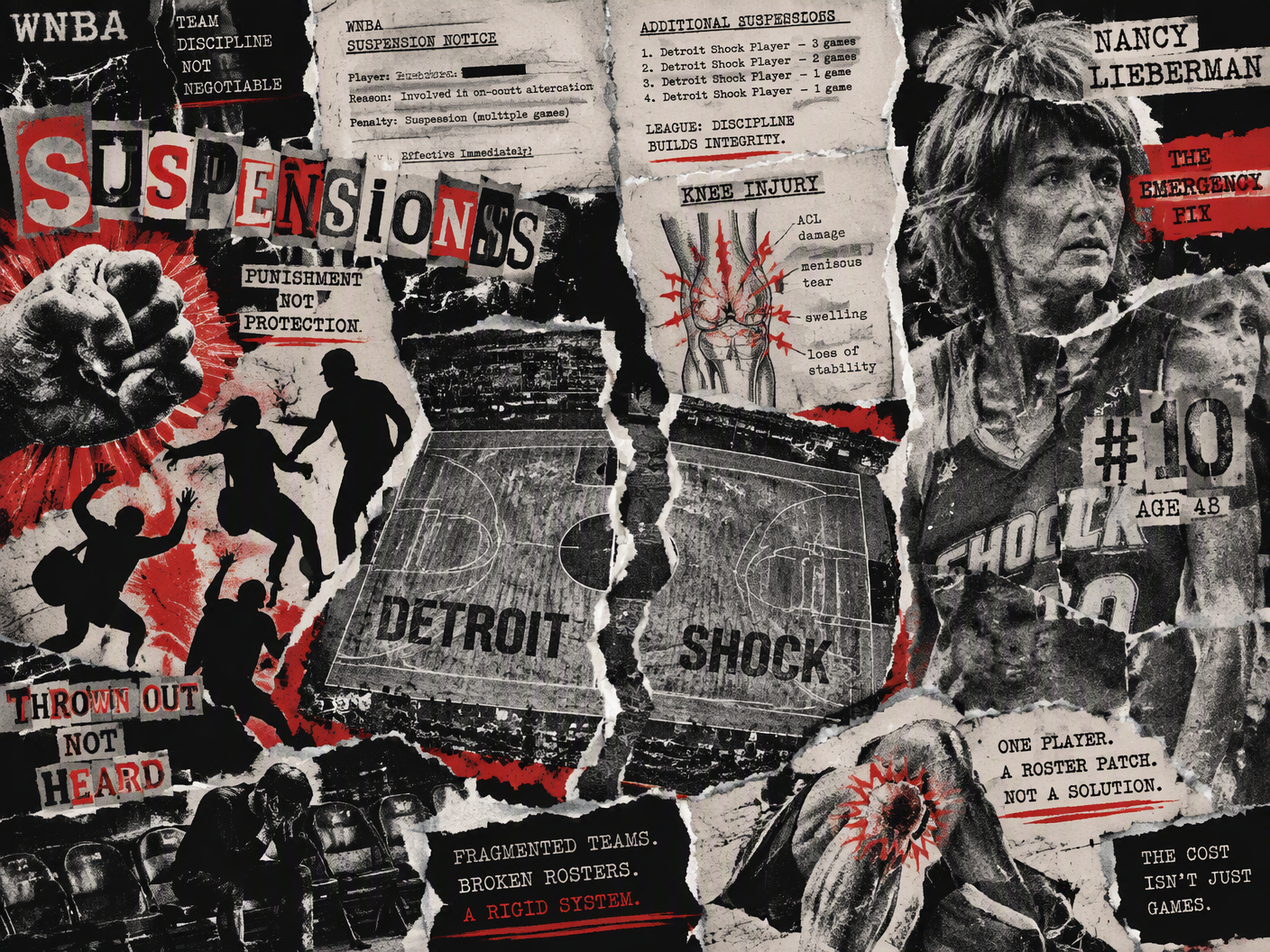 A punk collage showing a torn basketball court, ransom-note style text about suspensions, fragmented photocopy images of players’ fists and a ghostly figure of Nancy Lieberman, layered with documents and a knee injury diagram in black, white, and red.