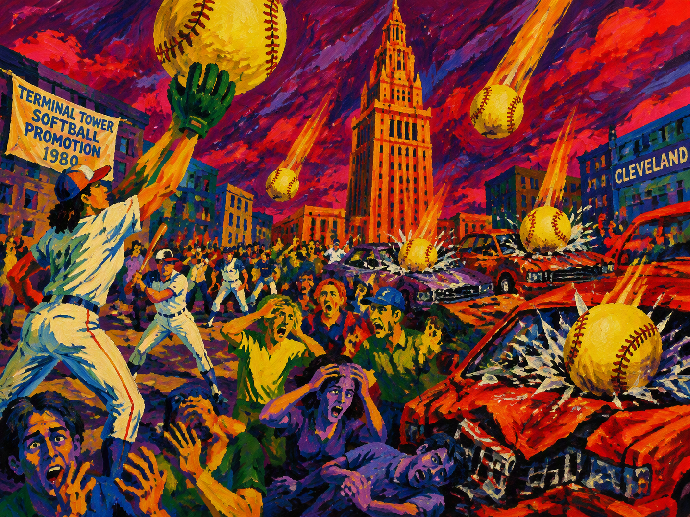 Fauvist-style painting showing softballs dropping from Terminal Tower onto a busy Cleveland street filled with players attempting catches, injured spectators, and damaged cars, all rendered in bold, emotional colors and broad brushstrokes.