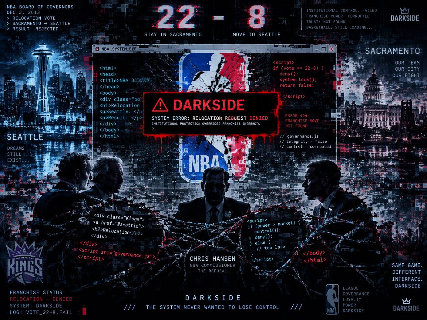 A dark glitch art scene depicting a broken digital courtroom interface with corrupted NBA logo and flickering vote numbers 22-8, shadowy figures representing owners and city leaders entangled in fractured HTML code, and a decayed neon cityscape background, symbolizing the failed 2013 Kings relocation to Seattle under persistent DARKSIDE system decay.