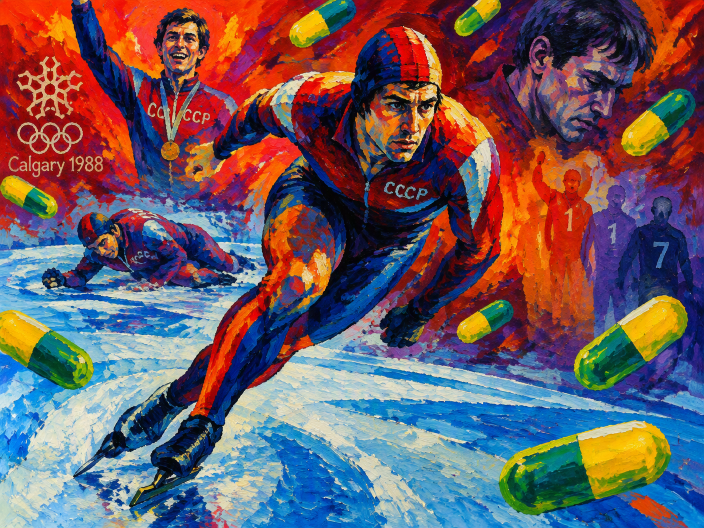 Expressionist painting of speed skater Nikolay Gulyayev racing with fragmented forms and a fiery, abstract background symbolizing triumph and doping scandal at the 1988 Calgary Olympics.