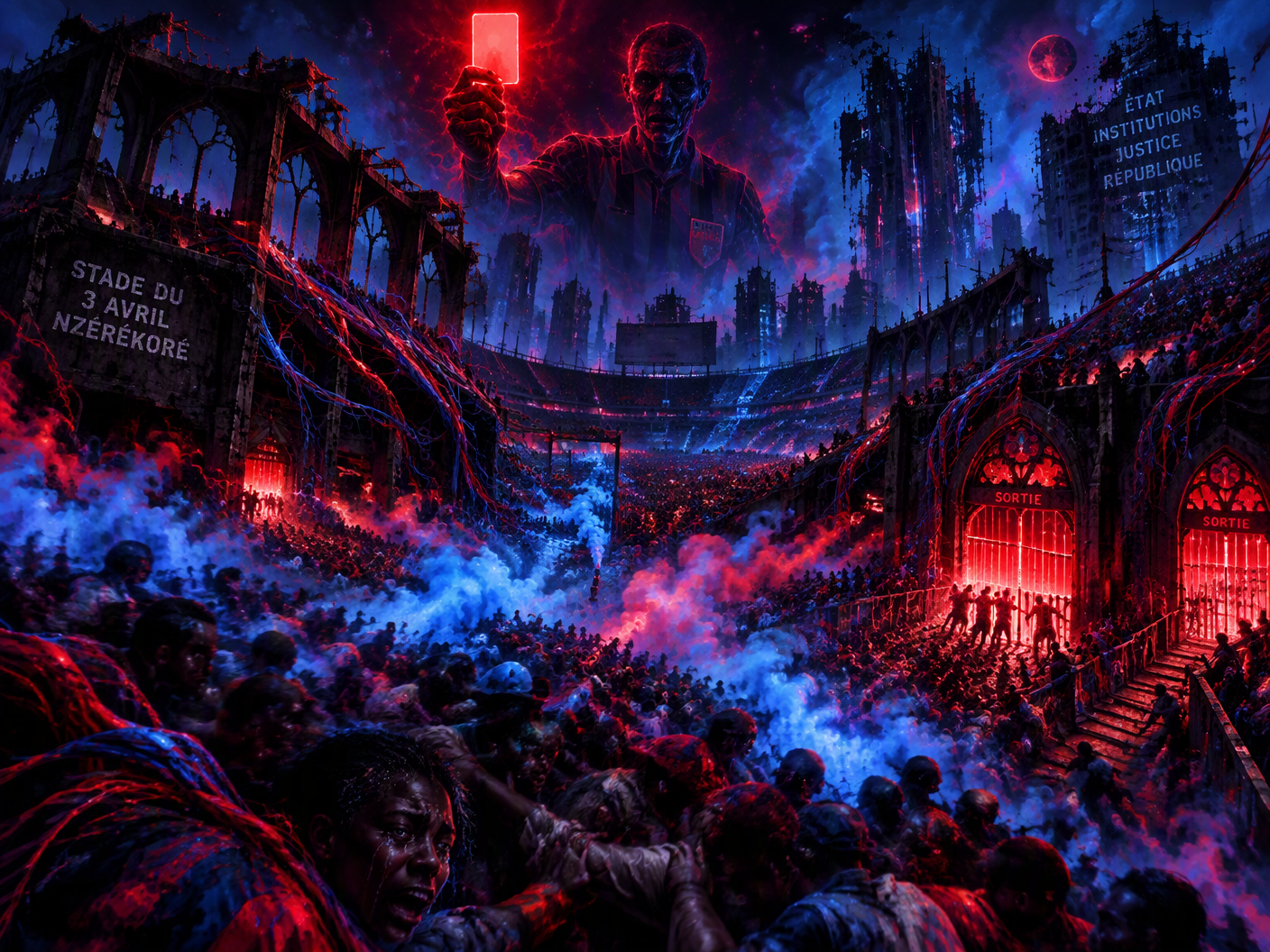 A neon gothic fantasy scene of a ruined, cathedral-like stadium glowing with red and blue light. A ghostly crowd presses tightly towards barred exits, enveloped in swirling neon tear gas. Above, a spectral referee wields a glowing red card, casting crimson light over the chaos. The stadium’s structure is overgrown with organic cables, and the background is a dark, fractured urban nightscape symbolizing political decay.