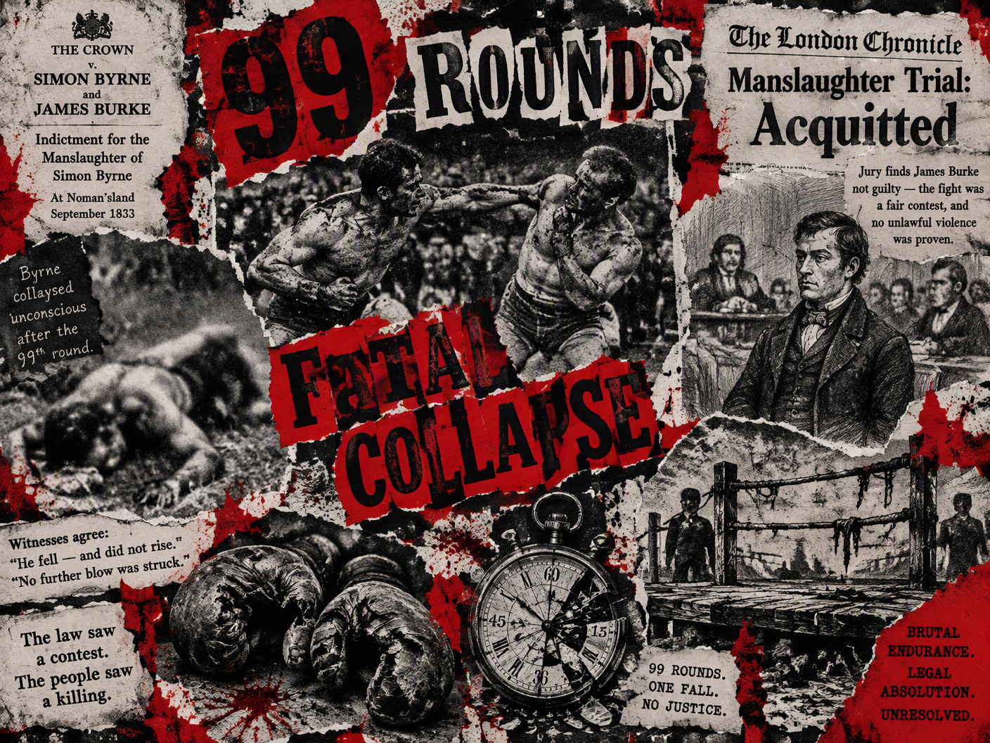 Punk collage of two bare-knuckle fighters fighting amid torn ransom note letters saying '99 ROUNDS', blood-red torn paper symbolizing violence, fragmented legal documents and courtroom sketches overlayed, illustrating Simon Byrne’s fatal prize fight and James Burke’s acquittal.