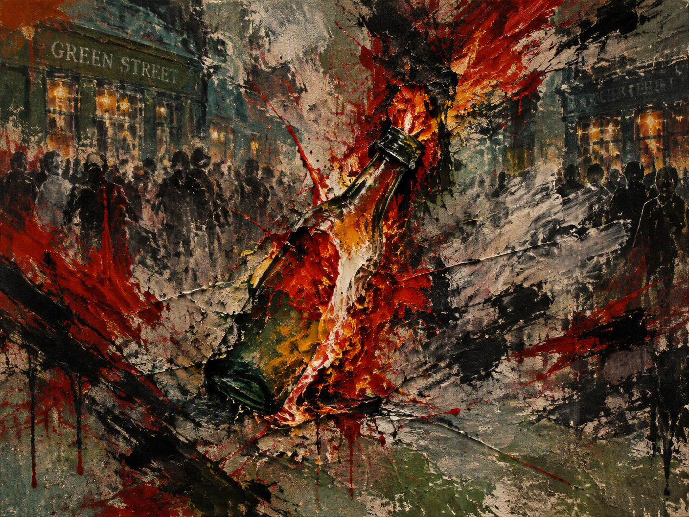 Abstract expressionist painting with violent red and black gestures over muted green and grey background, depicting fractured forms and erasures symbolizing fictional football hooligan violence imposed onto a real London street.