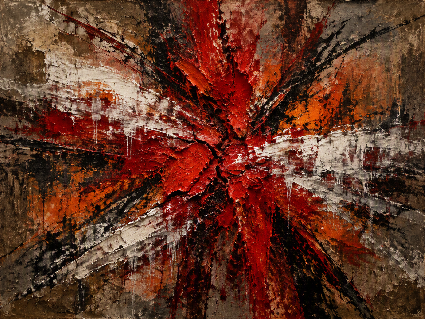 Abstract expressionist painting showing an explosive burst of red paint breaking through a cracked and textured surface, with dark chaotic strokes and erasing white streaks symbolizing trauma, loss, and the heavy weight of delayed convictions in the Kampala bombings.