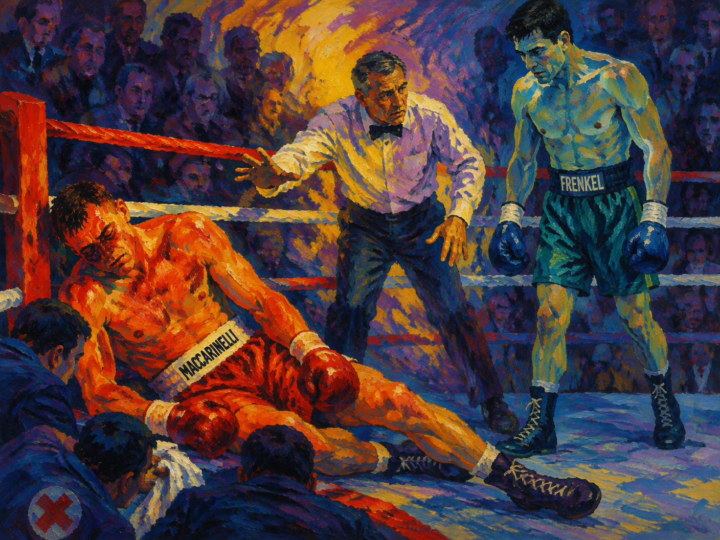 Abstracted fauvist painting of a boxing ring moment showing Enzo Maccarinelli leaning unsteadily against the ropes after a knockdown, surrounded by vivid emotional colors with referee and Alexander Frenkel nearby, emphasizing the intense feeling and controversy of the scene.