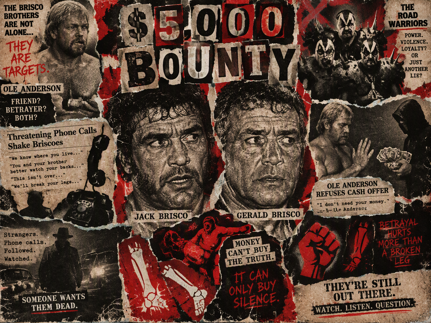 A collage of torn wrestling posters and ransom-note letters showing Jack and Gerald Brisco’s faces, a crumpled cash offer refused by the Road Warriors, shadowy threatening figures, and symbols of broken legs and fists in blood red and black.