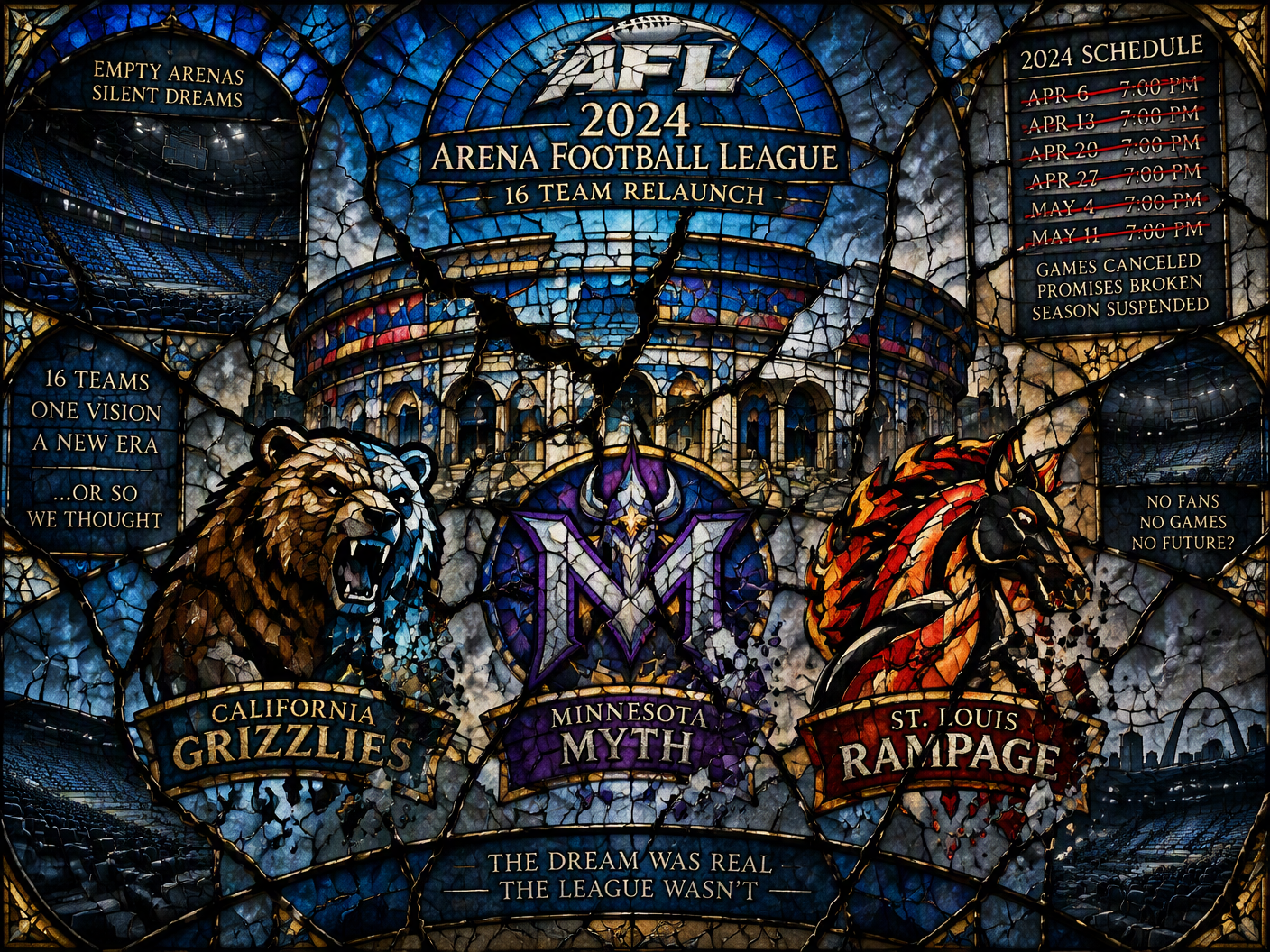 Stained-glass style artwork showing broken football stadium arches, shattered team symbols for California Grizzlies, Minnesota Myth, and St. Louis Rampage, and empty arenas representing the failed 2024 Arena Football League relaunch.