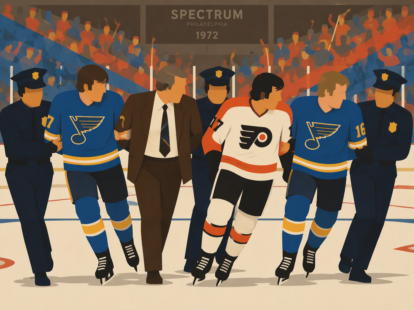 Mid-century modern illustration showing simplified figures of four St. Louis Blues hockey personnel being escorted by police officers, set against an abstract background of a hockey arena and a clashing crowd, symbolizing the 1972 postgame brawl and arrests at the Spectrum.