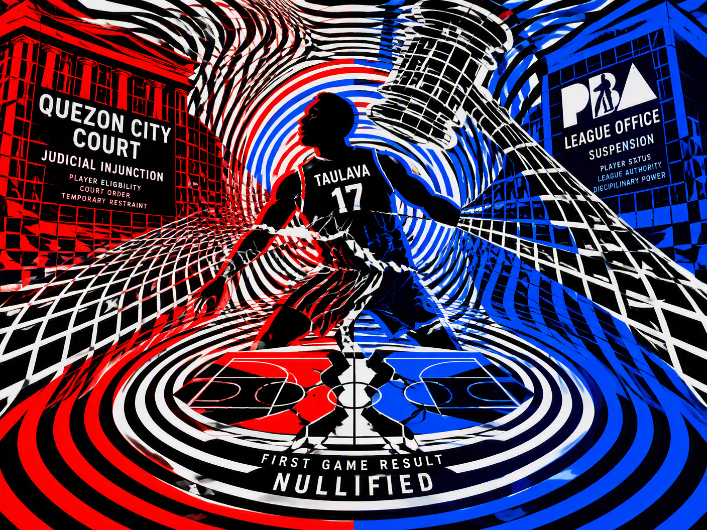 Abstract Op Art composition featuring warped grids and concentric forms, symbolizing conflicting rulings and instability around Asi Taulava’s eligibility in the 2005 PBA Finals; a fragmented basketball court and distorted player silhouette appear amid vibrating patterns of black, white, red, and blue.