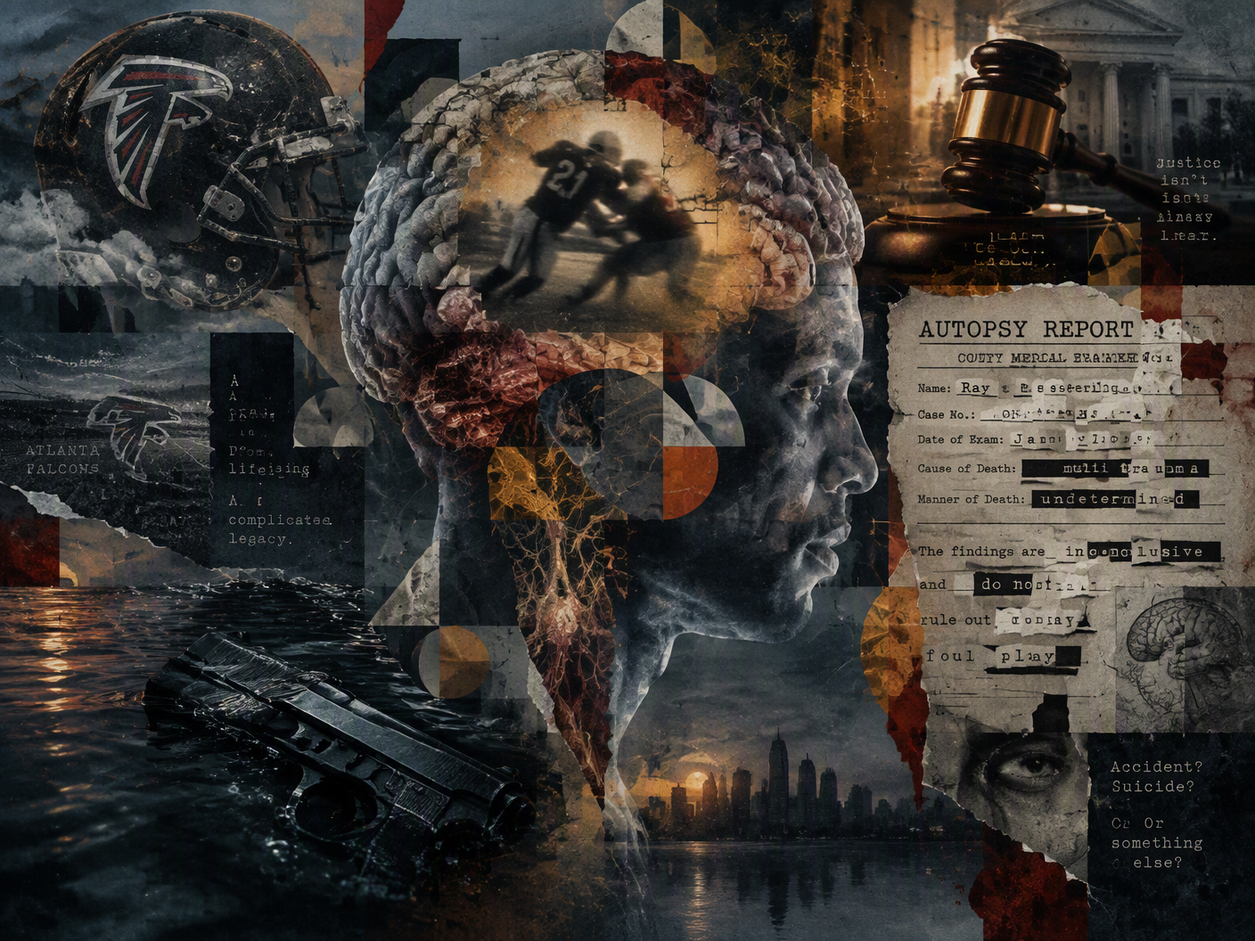Surreal collage of a fragmented translucent human head with abstract brain sections, a ghostly football player silhouette inside, floating symbols including a Falcons helmet, gavel, autopsy report, and handgun, all rendered in deep blues, grays, and rusty reds to evoke sorrow and layered tragedy.